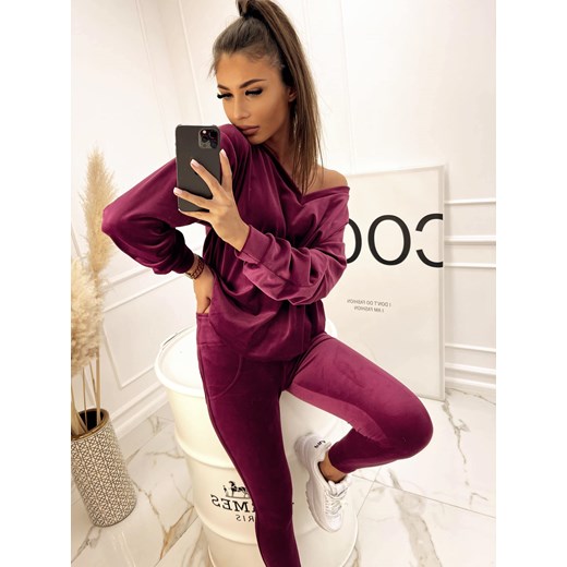 komplet dres welurowy mielczarkowski bluza w serek + legginsy polski produkt  -  burgund bordo ze sklepu STYLOWO w kategorii Dresy damskie - zdjęcie 176539239