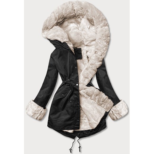 Parka z futrzaną podpinką czarna-ecru (5M763-392) ze sklepu goodlookin.pl w kategorii Kurtki damskie - zdjęcie 176539865