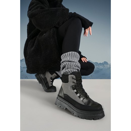 Czarno-Szare Traperki Sznurowane Trapery Jette ze sklepu born2be.pl w kategorii Workery damskie - zdjęcie 176561339