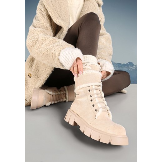 Beżowe Botki Workery z Futerkiem Kyame ze sklepu born2be.pl w kategorii Workery damskie - zdjęcie 176561378