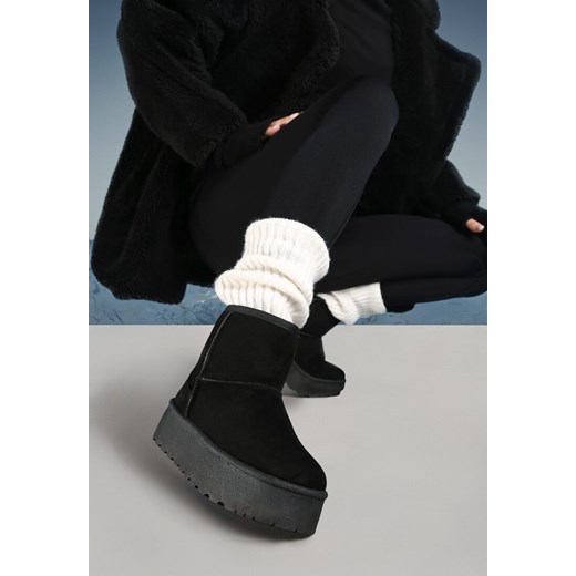 Czarne Śniegowce na Platformie z Przeszyciami i Futerkiem Vento ze sklepu born2be.pl w kategorii Śniegowce damskie - zdjęcie 176561405