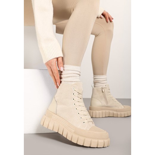 Beżowe Sznurowane Botki na Platformie Novita ze sklepu born2be.pl w kategorii Workery damskie - zdjęcie 176561425