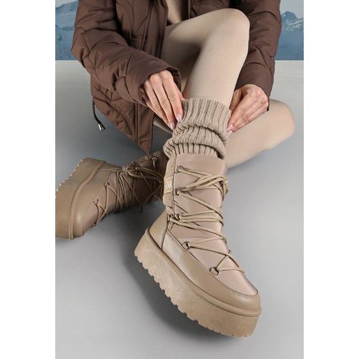 Ciemnobeżowe Śniegowce na Platformie z Wiązaniem Bizzanti ze sklepu born2be.pl w kategorii Śniegowce damskie - zdjęcie 176561499