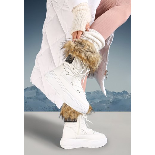 Białe Śniegowce na Platformie z Futerkiem i Wiązaniem Eudaim ze sklepu born2be.pl w kategorii Śniegowce damskie - zdjęcie 176561515