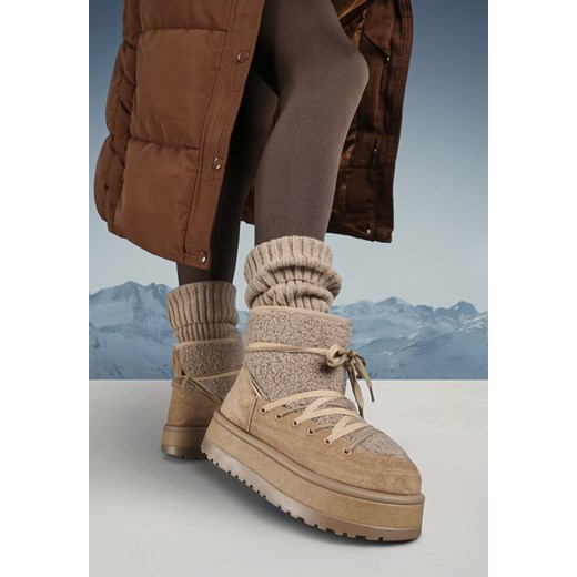 Ciemnobeżowe Śniegowce na Grubej Podeszwie Ozdobione Barankiem Terinae ze sklepu born2be.pl w kategorii Śniegowce damskie - zdjęcie 176561589