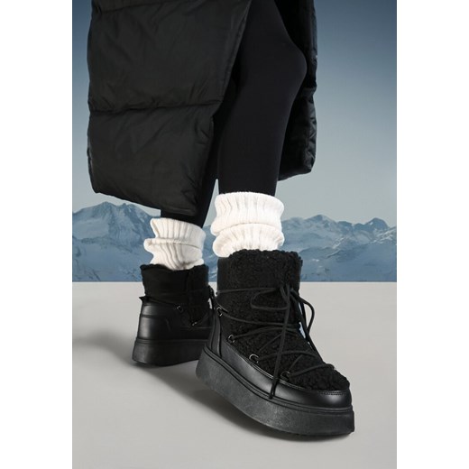 Czarne Sznurowane Śniegowce Vices na Grubej Podeszwie Ozdobione Futerkiem Nomizola ze sklepu born2be.pl w kategorii Śniegowce damskie - zdjęcie 176561975