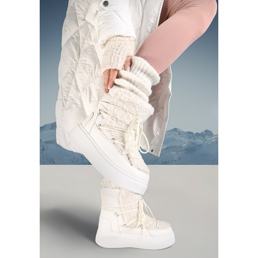 Białe Sznurowane Śniegowce Vices na Grubej Podeszwie Ozdobione Futerkiem Nomizola ze sklepu born2be.pl w kategorii Śniegowce damskie - zdjęcie 176561977