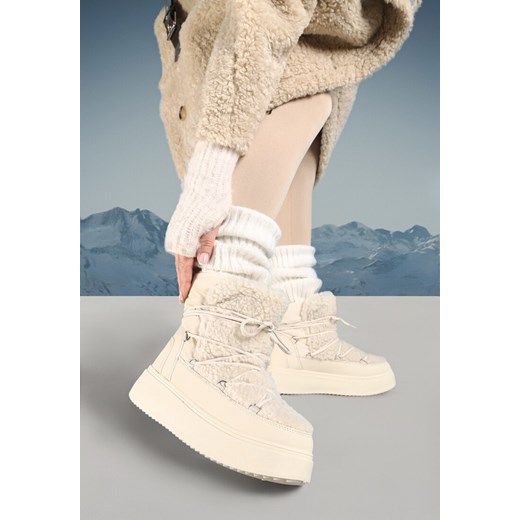 Beżowe Sznurowane Śniegowce Vices na Grubej Podeszwie Ozdobione Futerkiem Nomizola ze sklepu born2be.pl w kategorii Śniegowce damskie - zdjęcie 176561979