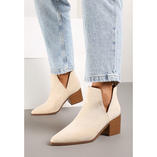 Beżowe Botki Vices na Obcasie z Ozdobnym Wycięciem Annaviel ze sklepu born2be.pl w kategorii Botki - zdjęcie 176562159