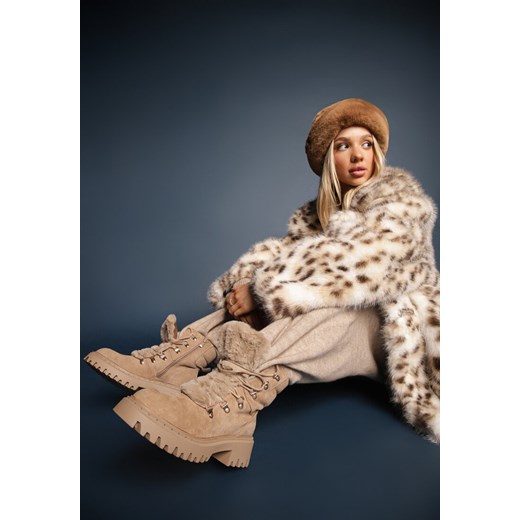 Ciemnobeżowe Traperki z Imitacji Zamszu ze Sznurowaniem i Futerkiem Cynthara ze sklepu renee.pl w kategorii Workery damskie - zdjęcie 176562586