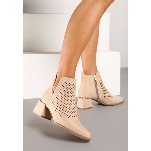Beżowe Botki Vices z Ekozamszu z Ozdobnymi Wycięciami na Słupku z Metalicznym Renee 39 promocja renee.pl