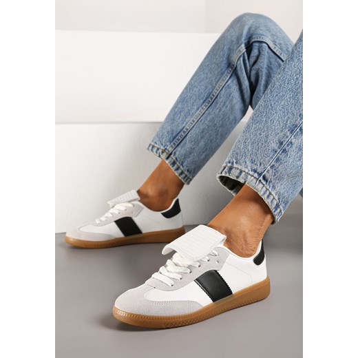 Biało-Czarne Sznurowane Płaskie Sneakersy z Geometrycznym Wzorem Felilva ze sklepu renee.pl w kategorii Buty sportowe damskie - zdjęcie 176562888
