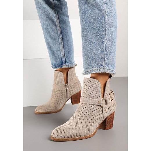 Jasnobeżowe Botki Kowbojki Vices na Słupku z Klamrą Falfedi Renee 40 okazja renee.pl