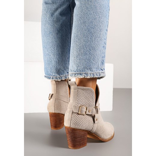 Jasnobeżowe Botki Kowbojki Vices na Słupku z Klamrą Falfedi Renee 41 okazja renee.pl