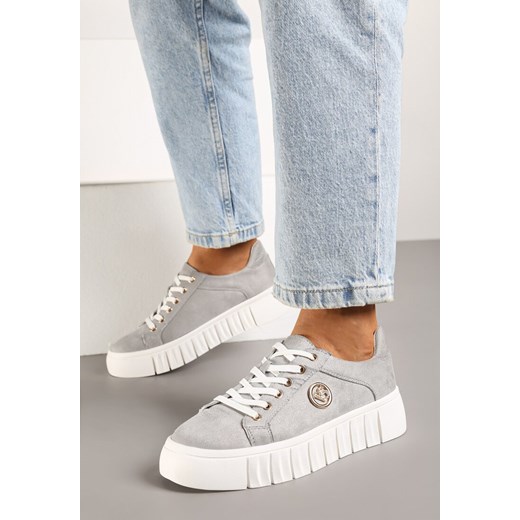 Szare Sznurowane Sneakersy Vices na Platformie z Tłoczeniem i Metaliczną Aplikacją Lavfedi ze sklepu renee.pl w kategorii Buty sportowe damskie - zdjęcie 176563417