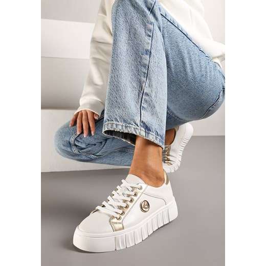 Biało-Złote Sznurowane Sneakersy Vices na Platformie z Tłoczeniem i Metaliczną Aplikacją Lavfedi ze sklepu renee.pl w kategorii Buty sportowe damskie - zdjęcie 176563435