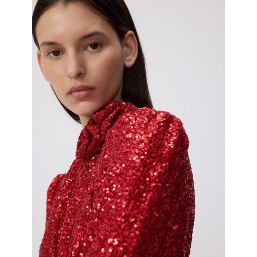 Reserved - Cekinowa sukienka z bufiastymi rękawami - czerwony Reserved XL Reserved