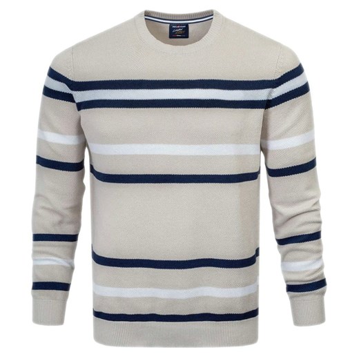 Sweter z Dzianiny Bawełnianej - w Paski - Pako Jeans - Beżowy SWPJNStopicBZ ze sklepu JegoSzafa.pl w kategorii Swetry męskie - zdjęcie 176568777