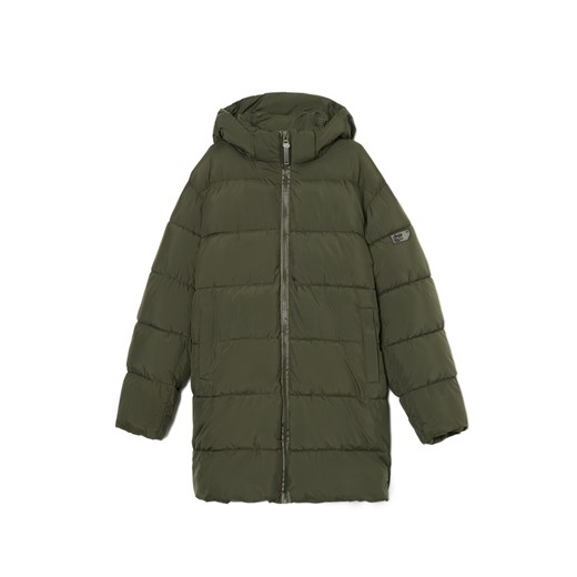 Cropp - Oliwkowy pikowany płaszcz z kapturem - zielony Cropp S Cropp