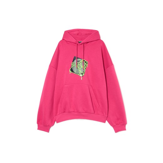 Cropp - Różowa bluza hoodie z nadrukiem - purpurowy Cropp L Cropp