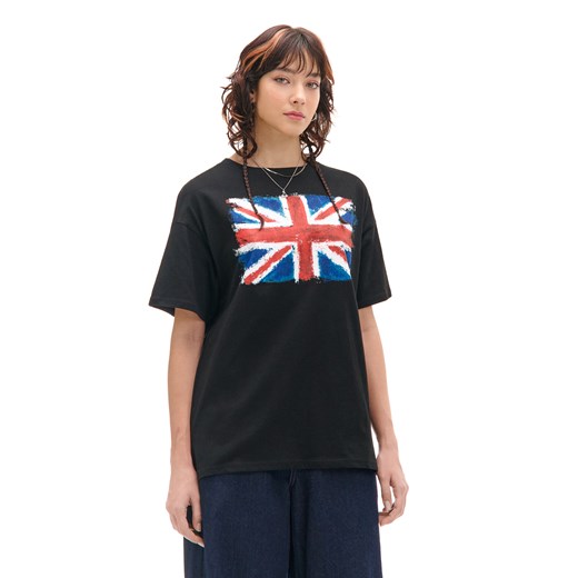 Cropp - T-shirt z nadrukiem brytyjskiej flagi - czarny Cropp S Cropp