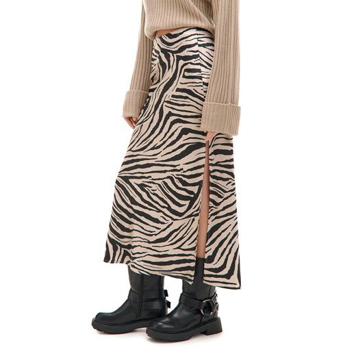 Cropp - Satynowa spódnica w zebrę - kremowy Cropp XS Cropp