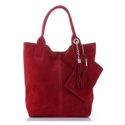 Torebka skórzana  Shopper bag zamsz naturalny Bordowa ze sklepu PaniTorbalska w kategorii Torby Shopper bag - zdjęcie 176585395