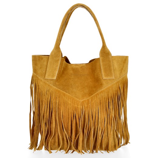 Firmowy Włoski Shopper w stylu Boho Vittoria Gotti Musztarda ze sklepu PaniTorbalska w kategorii Torby Shopper bag - zdjęcie 176585428