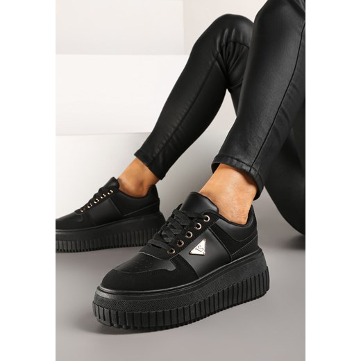Czarne Sznurowane Sneakersy Vices Tłoczonej Platformie Ozdobione Trójkątem Raviri ze sklepu renee.pl w kategorii Buty sportowe damskie - zdjęcie 177447409