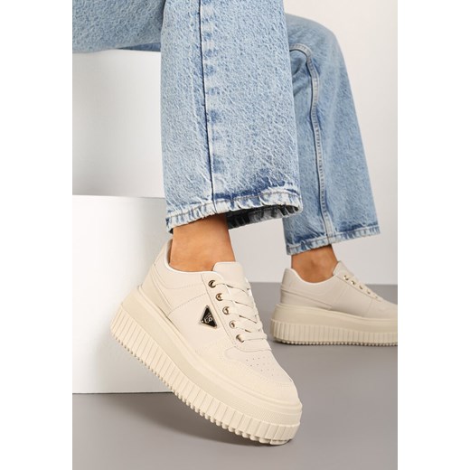 Beżowe Sznurowane Sneakersy Vices Tłoczonej Platformie Ozdobione Trójkątem Raviri ze sklepu renee.pl w kategorii Buty sportowe damskie - zdjęcie 177447415