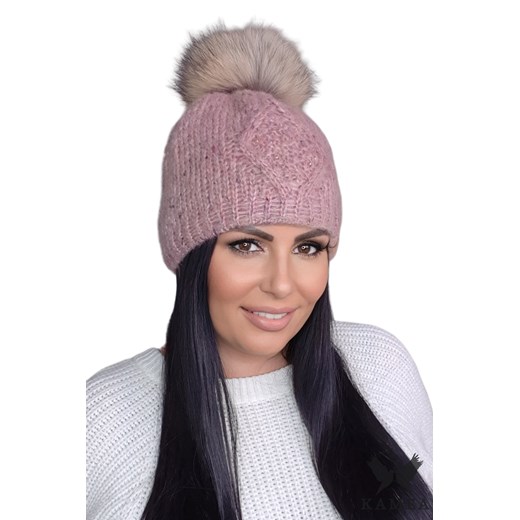 CYRENA czapka damska pompon naturalny kolor różowy Kamea Kamea