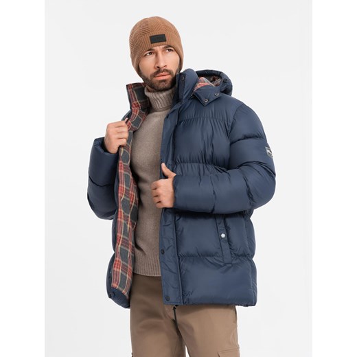 Kurtka męska puffer z podszewką w kratę – granatowa V1 OM-JAHP-0205 ze sklepu ombre w kategorii Kurtki męskie - zdjęcie 177558409