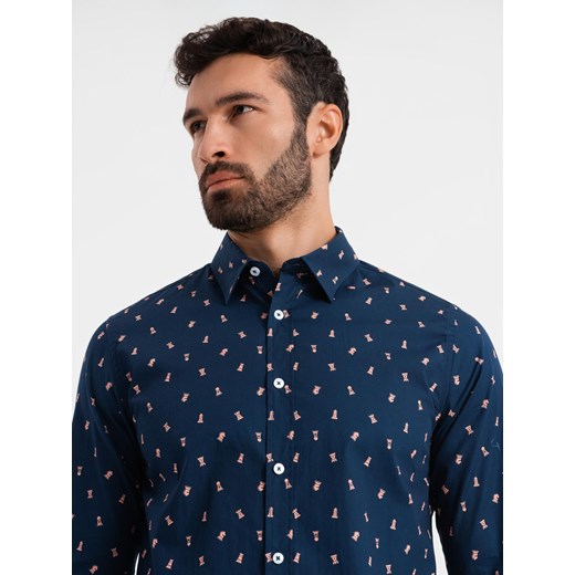 Bawełniana koszula męska we wzory SLIM FIT - atramentowa V3 OM-SHCS-0151 ze sklepu ombre w kategorii Koszule męskie - zdjęcie 177558535