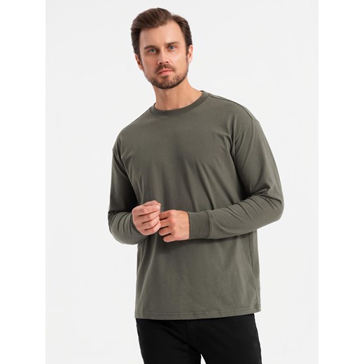 Bawełniany męski longsleeve LOOSE FIT z okrągłym dekoltem – szarozielony V3 OM-LSBC-0129 ze sklepu ombre w kategorii T-shirty męskie - zdjęcie 177558715