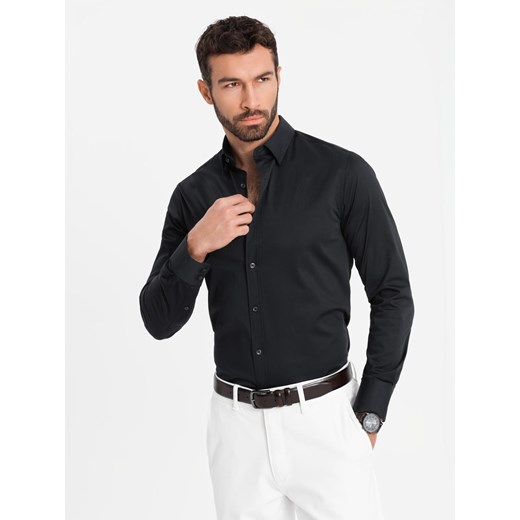 Klasyczna koszula męska SLIM FIT z satynowej tkaniny – czarna V4 OM-SHOS-0176 ze sklepu ombre w kategorii Koszule męskie - zdjęcie 177558907
