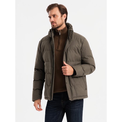 Męska kurtka casualowa puffer z wełną – ciemnooliwkowy melanż V4 OM-JAHP-0203 ze sklepu ombre w kategorii Kurtki męskie - zdjęcie 177559167