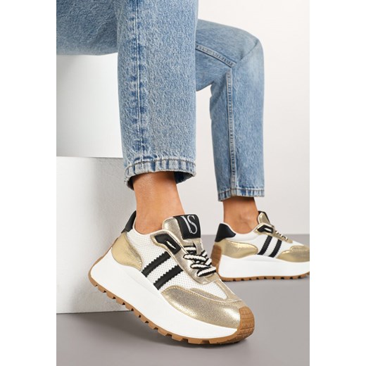Biało-Złote Sneakersy Vices na Platformie z Metalicznymi Paskami Lenela ze sklepu renee.pl w kategorii Buty sportowe damskie - zdjęcie 177562808