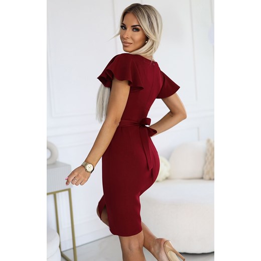 Elegancka sukienka z kopertowym dekoltem bordowa 479-7 Nina, Kolor bordowy, Rozmiar XL, Numoco ze sklepu Primodo w kategorii Sukienki - zdjęcie 177564389