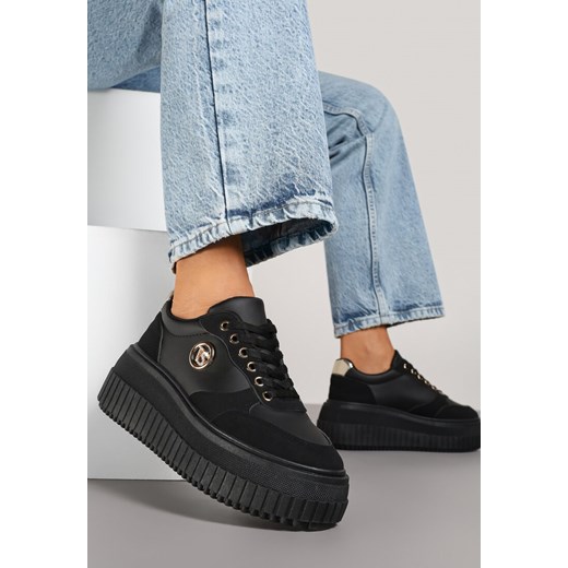 Czarne Sneakersy Vices na Grubej Podeszwie z Metaliczną Ozdobą i Sznurowaniem Niliri ze sklepu born2be.pl w kategorii Buty sportowe damskie - zdjęcie 177572566