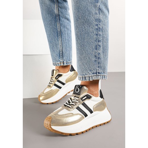 Biało-Złote Sznurowane Sneakersy Vices na Grubej Podeszwie z Metaliczną Wstawką Nelenia ze sklepu born2be.pl w kategorii Buty sportowe damskie - zdjęcie 177572626