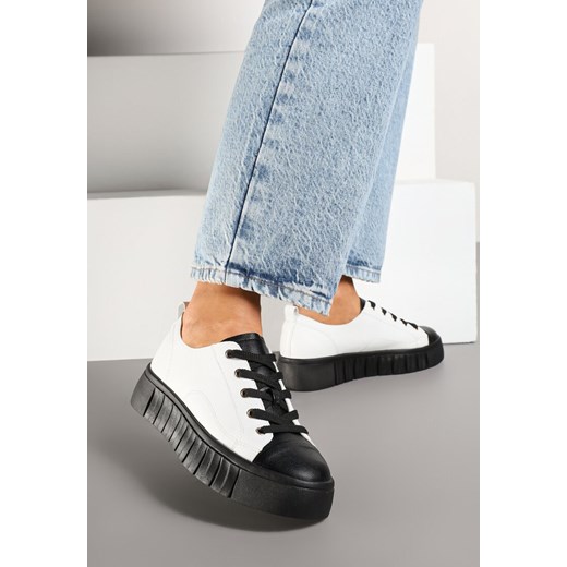 Biało-Czarne Sznurowane Sneakersy Vices na Płaskiej Podeszwie Firori ze sklepu born2be.pl w kategorii Buty sportowe damskie - zdjęcie 177572806