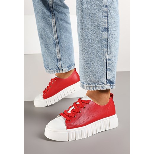 Czerwone Sznurowane Sneakersy Vices na Płaskiej Podeszwie Firori ze sklepu born2be.pl w kategorii Buty sportowe damskie - zdjęcie 177572818