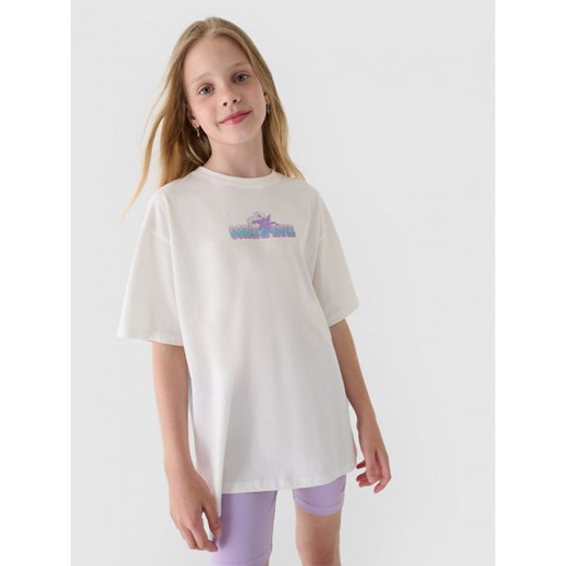Dziewczęcy t-shirt z nadrukiem 4F 4FJRSS24TTSHF2056 - biały ze sklepu Sportstylestory.com w kategorii Bluzki dziewczęce - zdjęcie 177577308