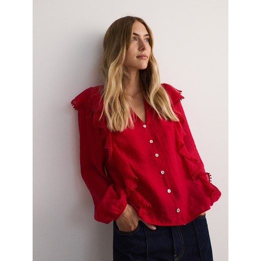 Reserved - Koszula z falbanką z lyocellem - czerwony ze sklepu Reserved w kategorii Koszule damskie - zdjęcie 177583679