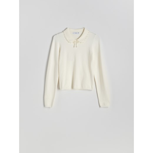 Reserved - Sweter z ozdobnym kołnierzem - kremowy Reserved S promocja Reserved