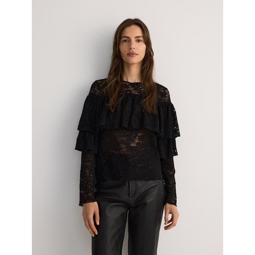 Reserved - Koronkowa bluzka z falbaną - czarny Reserved S Reserved