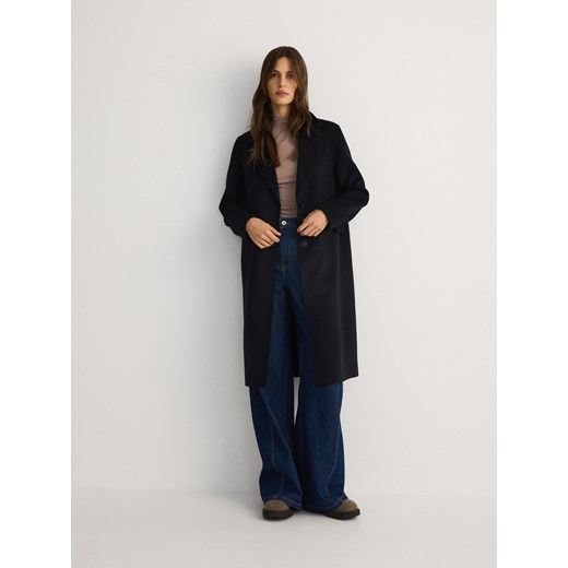 Reserved - Flauszowy płaszcz z wełną - granatowy Reserved L Reserved