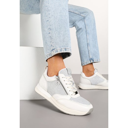 Białe Sneakersy z Wkładką ze Skóry Naturalnej Zdobione Suwakiem Fihanor ze sklepu renee.pl w kategorii Buty sportowe damskie - zdjęcie 177655028