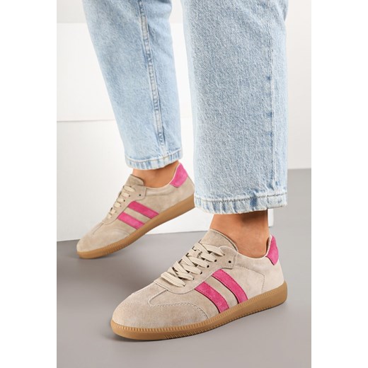 Beżowo-Różowe Sneakersy na Płaskiej Podeszwie ze Skórzaną Wkładką i Geometrycznym Wzorem Nelirria ze sklepu born2be.pl w kategorii Buty sportowe damskie - zdjęcie 177655927