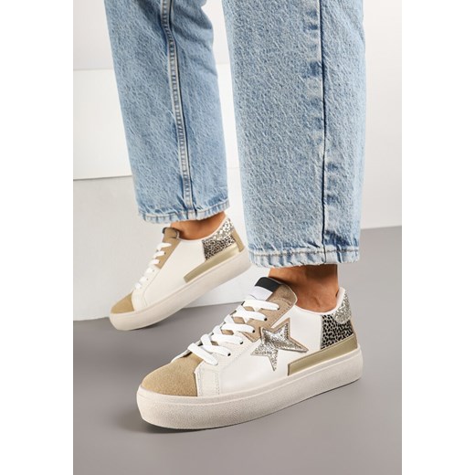 Ciemnobeżowe Sneakersy na Grubej Podeszwie Zdobione Brokatem Felthara ze sklepu born2be.pl w kategorii Buty sportowe damskie - zdjęcie 177656065